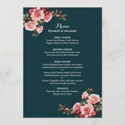 Dark moody pink and red roses teal wedding メニュー (正面)