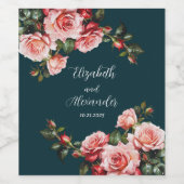 Dark moody pink and red roses teal  wedding  ワインラベル (シングルラベル)