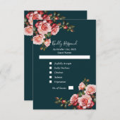 Dark moody pink and red roses teal wedding 出欠カード (正面/裏面)