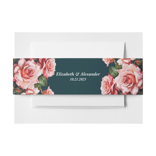 Dark moody pink and red roses teal wedding 招待状ベリーバンド (正面例)