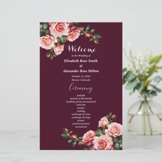 Dark moody pink red roses burgundy wedding program (スタンド正面)