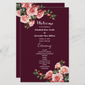 Dark moody pink red roses burgundy wedding program (正面/裏面)