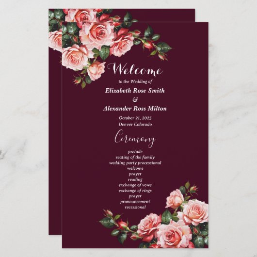 Dark moody pink red roses burgundy wedding program (正面/裏面)