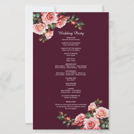 Dark moody pink red roses burgundy wedding program (裏面)