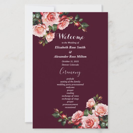 Dark moody pink red roses burgundy wedding program (正面)