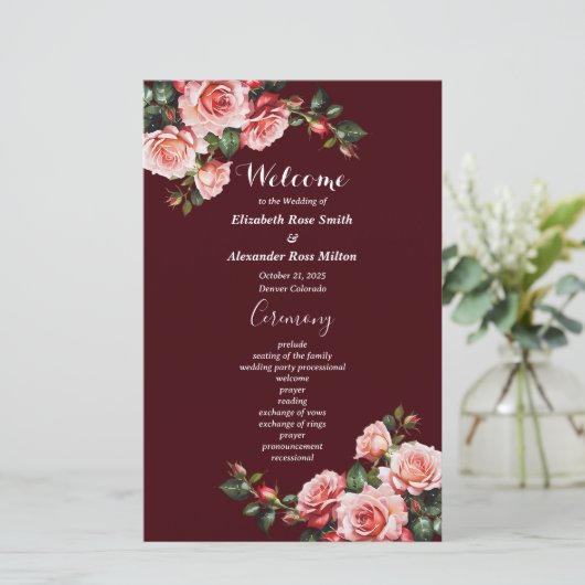 Dark moody pink red roses maroon wedding program (スタンド正面)