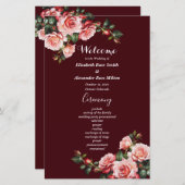 Dark moody pink red roses maroon wedding program (正面/裏面)