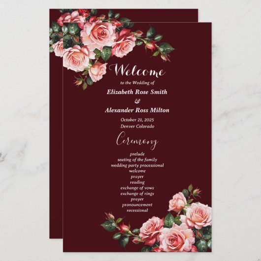 Dark moody pink red roses maroon wedding program (正面/裏面)