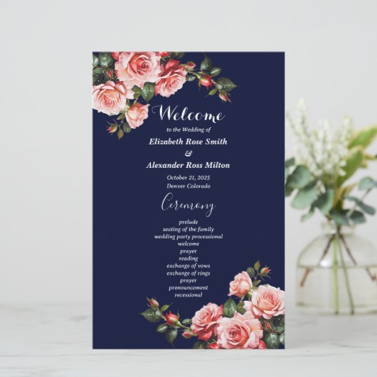 Dark moody pink red roses navy wedding program (スタンド正面)