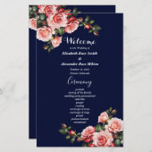 Dark moody pink red roses navy wedding program (正面/裏面)
