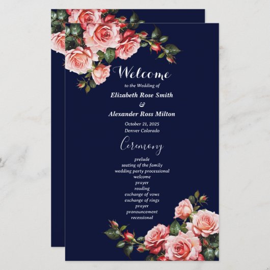 Dark moody pink red roses navy wedding program (正面/裏面)