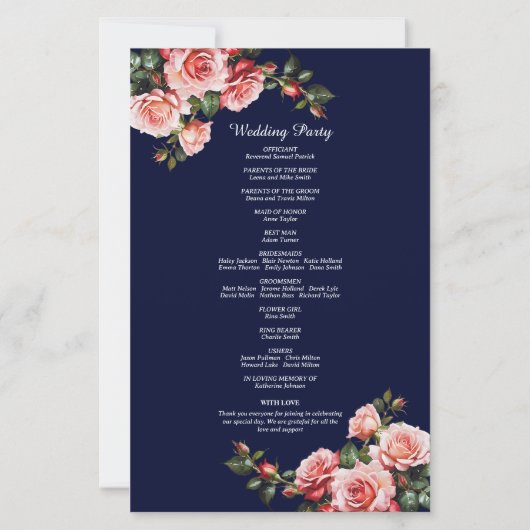 Dark moody pink red roses navy wedding program (裏面)