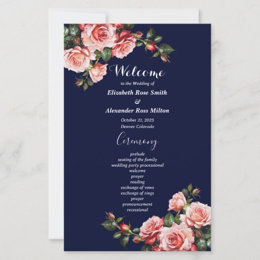 Dark moody pink red roses navy wedding program (正面)