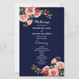 Dark moody pink red roses navy wedding program