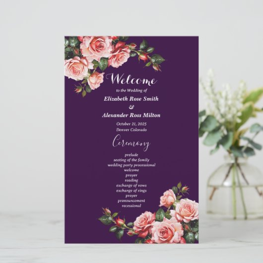 Dark moody pink red roses purple wedding program (スタンド正面)