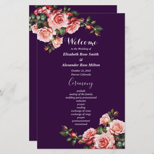 Dark moody pink red roses purple wedding program (正面/裏面)
