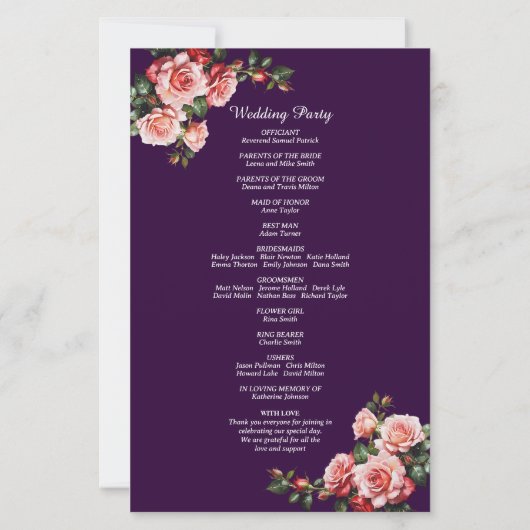 Dark moody pink red roses purple wedding program (裏面)
