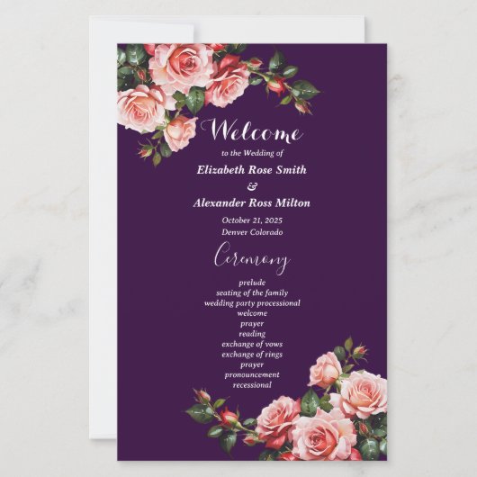 Dark moody pink red roses purple wedding program (正面)
