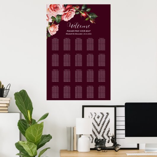 Dark moody pink red roses wedding seating chart ポスター (ホームオフィス)