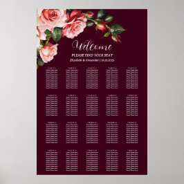 Dark moody pink red roses wedding seating chart ポスター