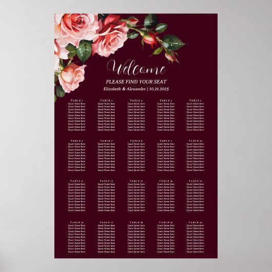 Dark moody pink red roses wedding seating chart ポスター (正面)