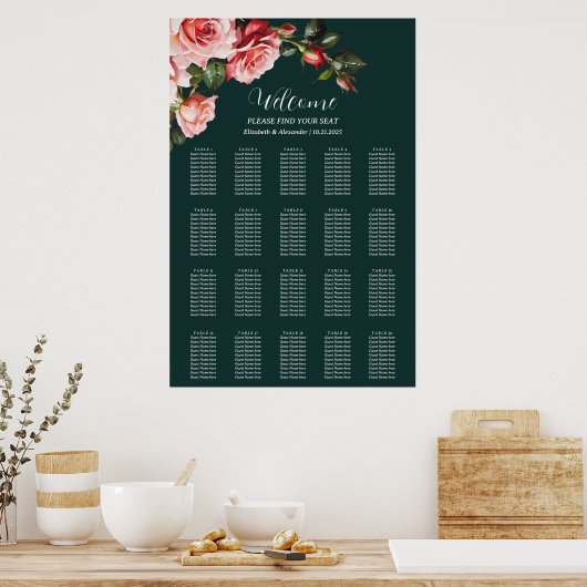 Dark moody pink red roses wedding seating chart ポスター (キッチン)
