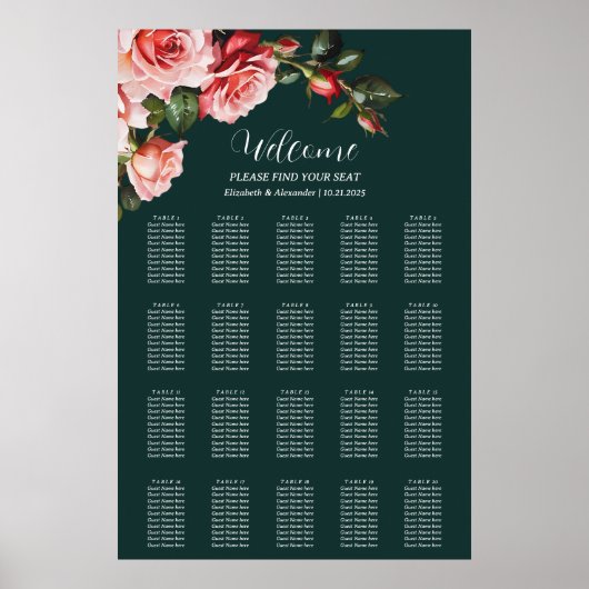 Dark moody pink red roses wedding seating chart ポスター (正面)