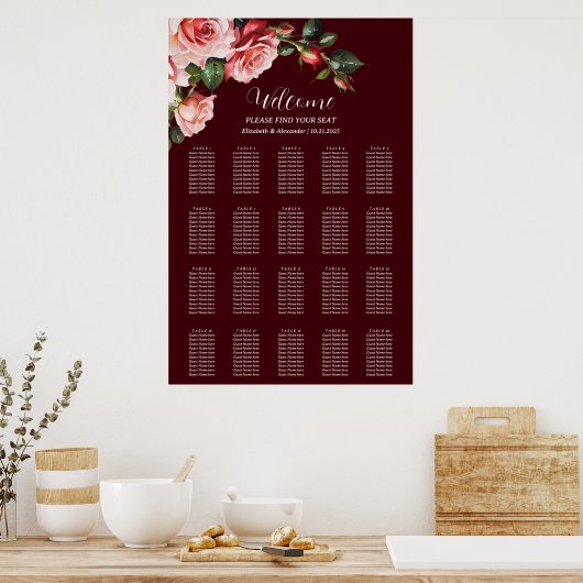 Dark moody pink red roses wedding seating chart ポスター (キッチン)