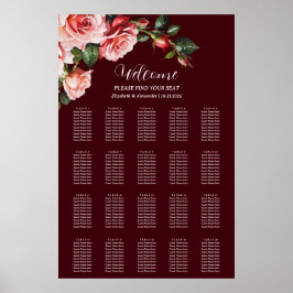 Dark moody pink red roses wedding seating chart ポスター
