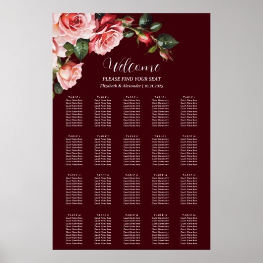 Dark moody pink red roses wedding seating chart ポスター (正面)