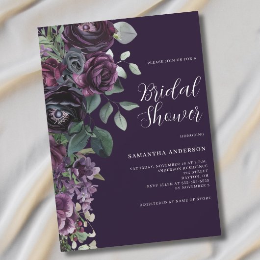 Dark Moody Purple Floral Bridal Shower  招待状