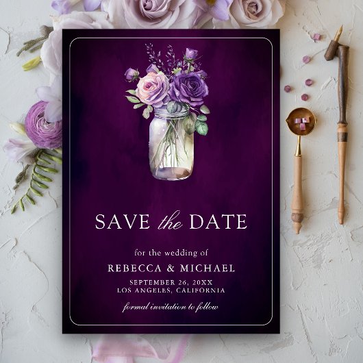 Dark Moody Purple Floral Mason Jar Wedding セーブザデート