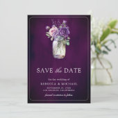 Dark Moody Purple Floral Mason Jar Wedding セーブザデート (スタンド正面)