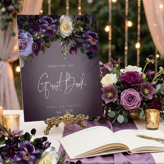 Dark Moody Purple Lavender Floral Wedding Guest 台座サイン