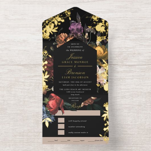 Dark Moody Romantic Floral Dutch Painterly Foil オールインワン招待状 (内側)