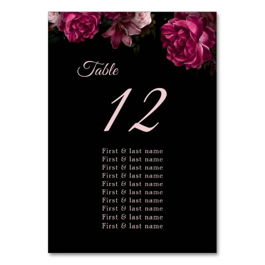  Dark Moody Roses Floral Wedding Seating Chart テーブルナンバー (正面)