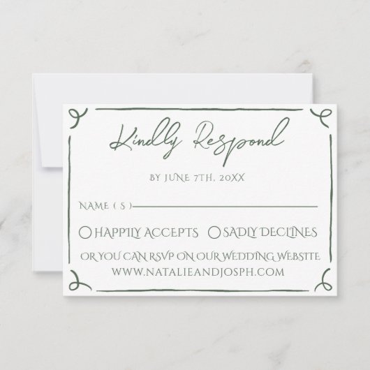 Dark Moss Green Whimsical Boho Modern Wedding  出欠カード (正面)