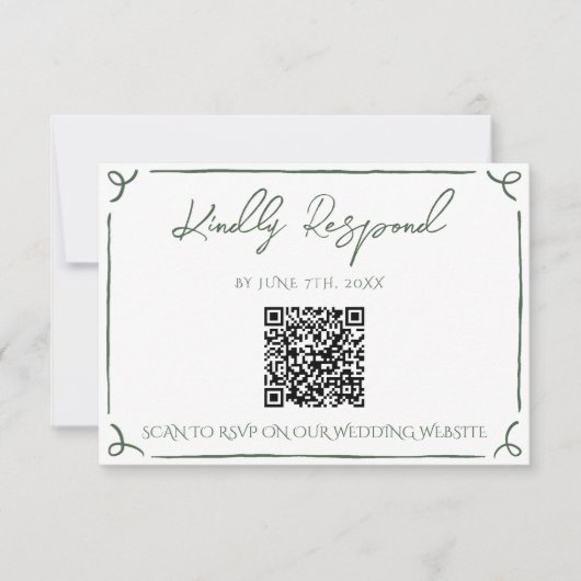 Dark Moss Green Whimsical Boho QR Code Wedding  出欠カード (正面)