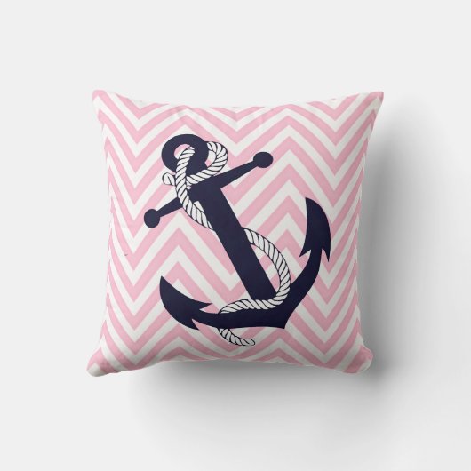 Dark Nautical Blue Anchor Pink Zigzag Chevron クッション (裏面)