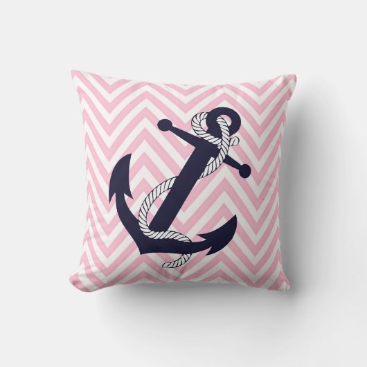 Dark Nautical Blue Anchor Pink Zigzag Chevron クッション (正面)