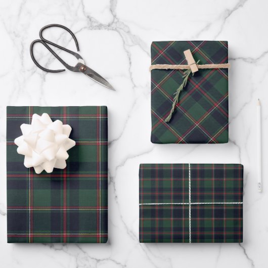 Dark Navy Blue Red Green Plaid Wrapping Paper ラッピングペーパーシート (正面)