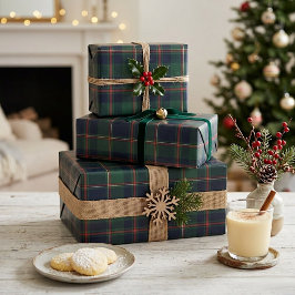 Dark Navy Blue Red Green Plaid Wrapping Paper ラッピングペーパー