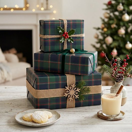 Dark Navy Blue Red Green Plaid Wrapping Paper ラッピングペーパー