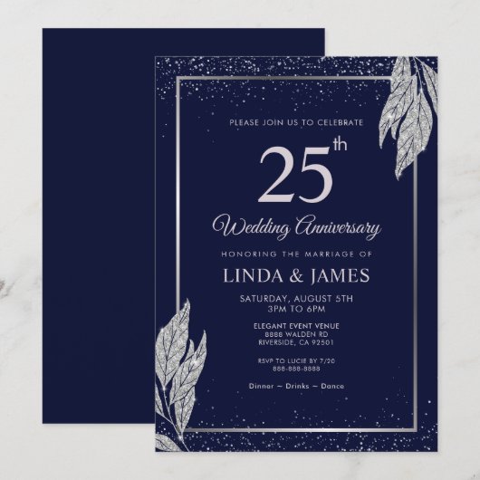Dark Navy Blue Silver Leaf Wedding Anniversary  招待状 (正面/裏面)