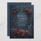 Dark Navy Burgundy Floral Antique Gold Wedding 招待状 (正面/裏面)