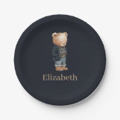 Dark Navy Custom Name Teddy Bear Boy Baby Shower ペーパープレート (正面)