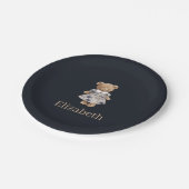 Dark Navy Custom Name Teddy Bear Girl Baby Shower ペーパープレート (アングル)