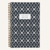 Dark Navy Nautical Anchor Ogee Personalized ノートブック (正面)