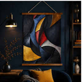Dark Navy Red Gold Abstract Geometric Art 吊り下げ型タペストリー