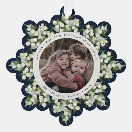 Dark Navy Snowberry+Greenery Holiday Paper オーナメントカード (正面)